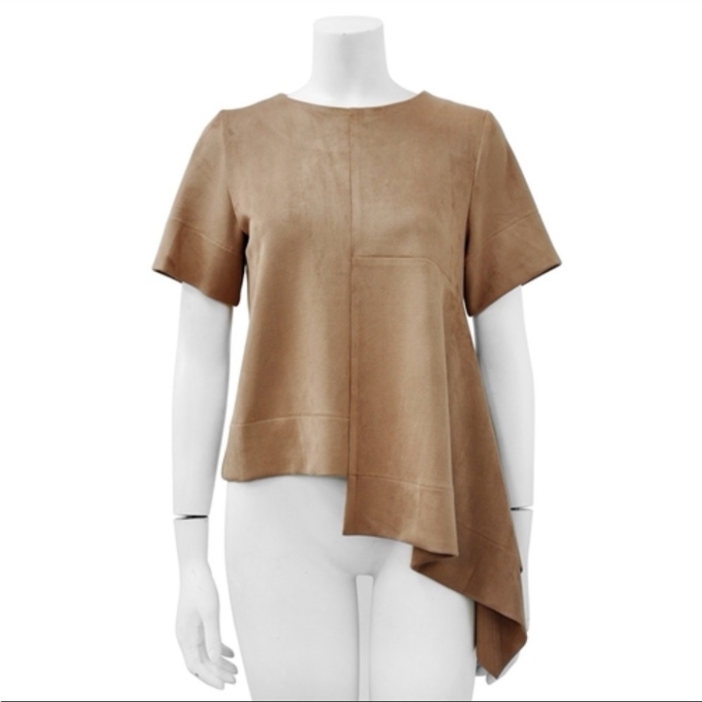 Gracia Faux Suede Asymmetrical Top Tan Draped Statement Blouse